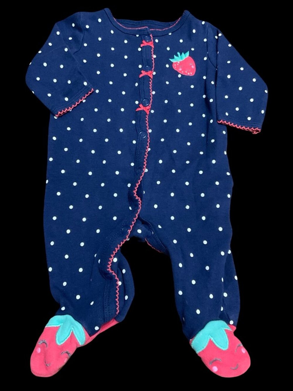👣 5/$25  - Navy/Pink Polka Dot Print Sleeper w/ Strawberry Appliques